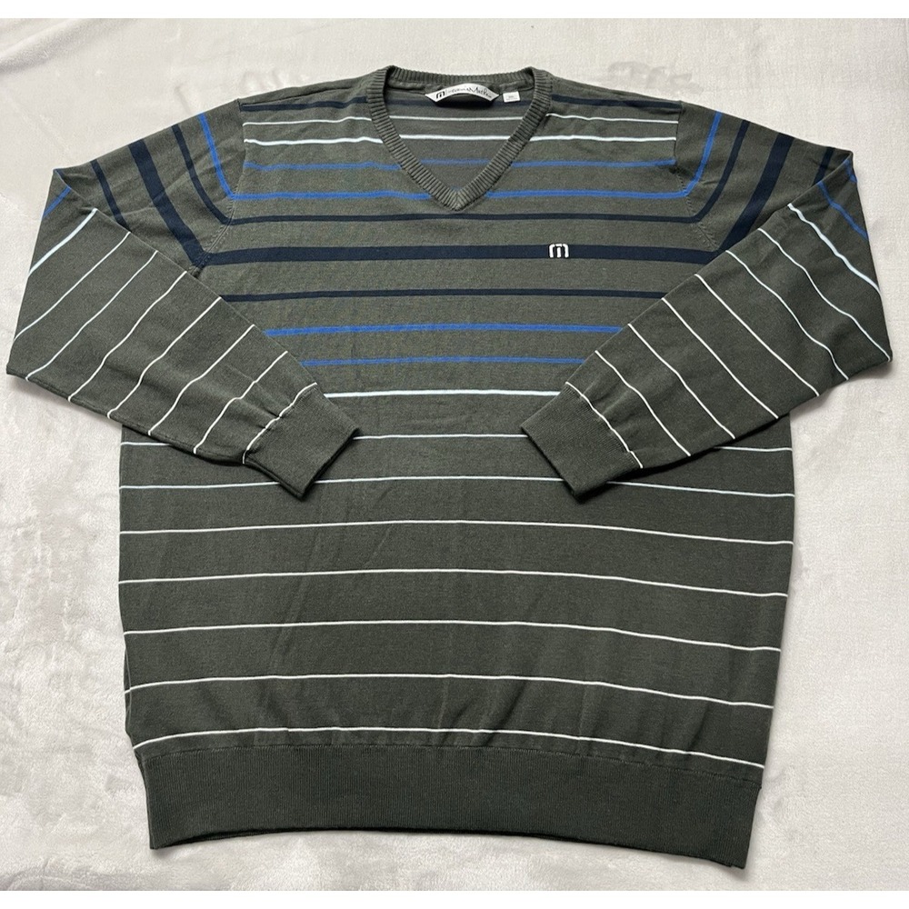 Travis Mathew Sweater Men 2XL Olive Green Stripes V-Neck Golf Pullover  Preppy
